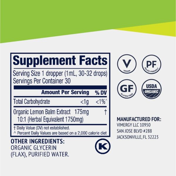 Vimergy Lemon Balm Lemon Balm Drops_Supplement Facts