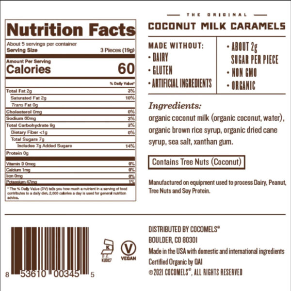 Cocomels-Καραμέλες από γάλα καρύδας-Με γεύση θαλασσινό αλάτι-Στοιχεία διατροφής