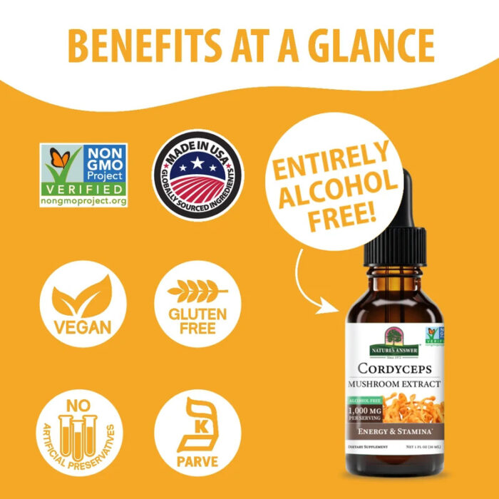 natures answer cordyceps mushroom extract alcohol free liquid 1oz certifications AF172