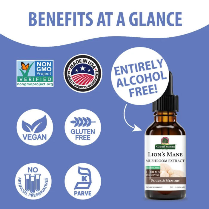natures answer lions mane mushroom extract alcohol free liquid 1oz certifications AF91